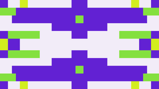 Symmetrical geometric pattern composed of nested purple and neon lime pixelated
