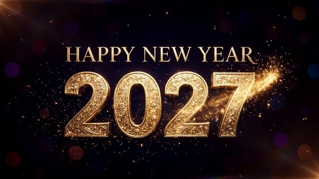 Happy New Year 2027 text with golden glitter burst and sparkling light flares on dark background