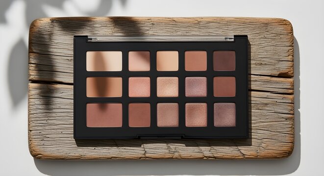 A refreshed and expressive rephrasing of neutral-toned makeup palette placed on rustic wooden board with leaf shadows, giving it a more contemporary descriptive tone.