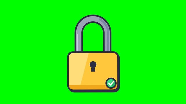 Green screen animation of a yellow padlock with a checkmark symbol appearing