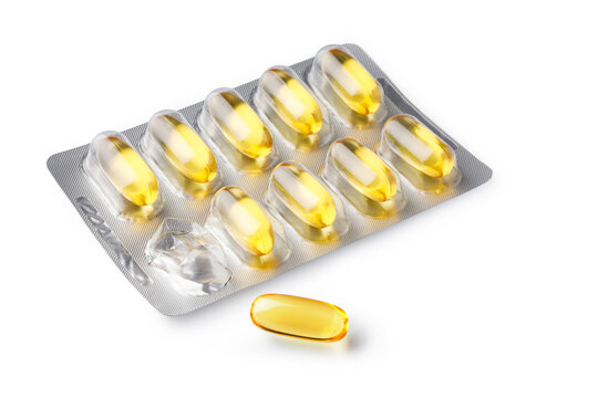 Omega-3 fish oil softgel capsules in blister packaging