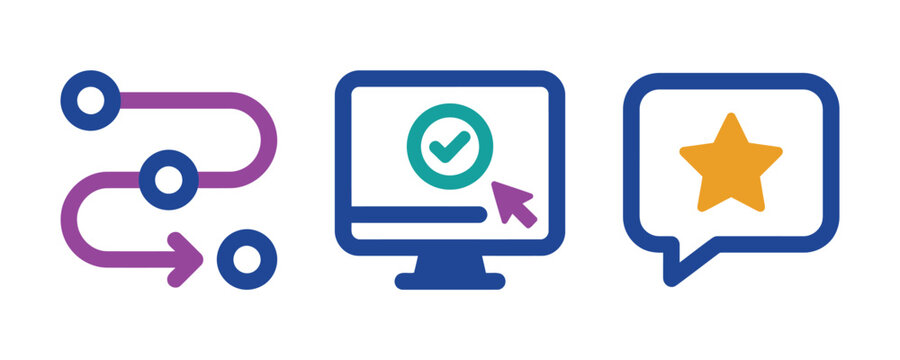 Workflow process with successful completion and positive customer feedback icons