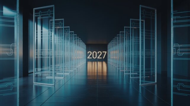 Abstract digital tunnel with year 2027 and glowing lights