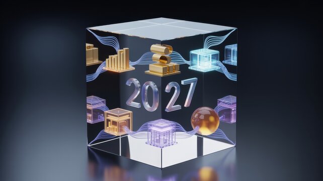 Abstract 3d cube with digital 2027 business growth icons
