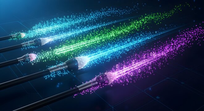 A refreshed and expressive rephrasing of brushes leaving digital paint streaks that turn into binary code, giving it a more contemporary descriptive tone.