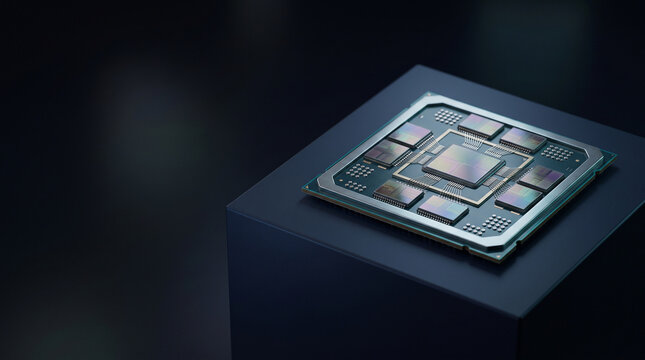 Modern computer processor central processing unit microchip electronic hardware technology metallic blue pedestal sleek design