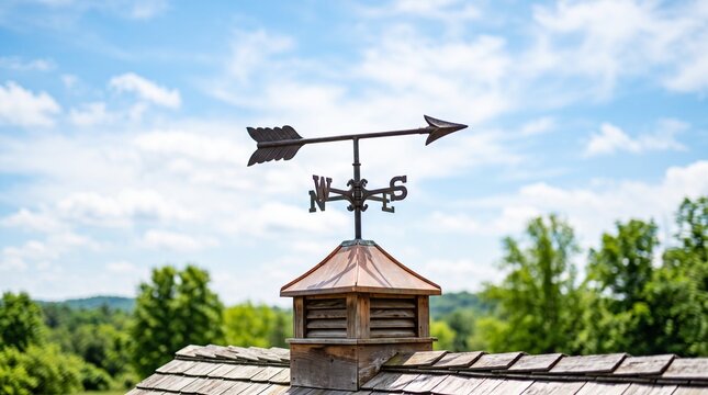 Arrow weathervane pointing wind direction on a rooftop with cloudy sky  