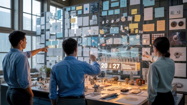 Business team planning project with sticky notes on wall