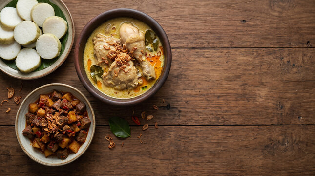 Indonesian Eid opor ayam chicken in coconut curry with lontong rice cakes and sambal goreng ati, top view with copy space