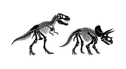 Dinosaur skeletons a tyrannosaurus rex and triceratops are depicted as black silhouettes © MdNirob