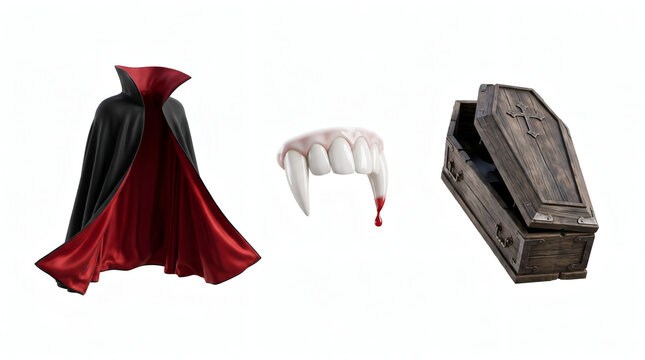 Vampire halloween costume set isolated on white background with dracula cape, sharp fangs with blood, and wooden coffin, graphic resource element kit