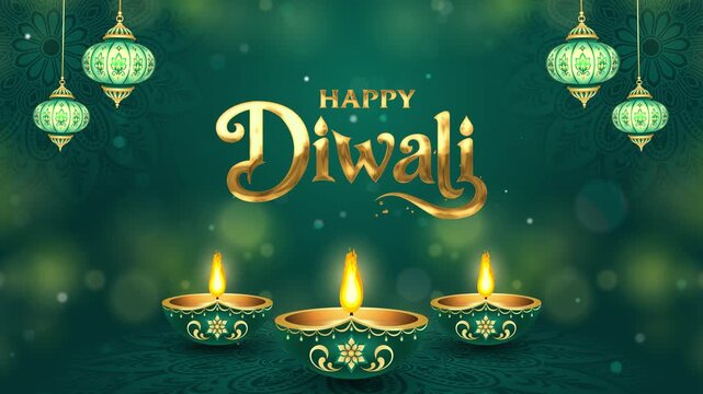 Elegant Diwali greeting video with animated golden lettering, swinging lanterns, glowing diya lamps, flickering flames, emerald green mandala patterns and floating bokeh. Ideal for festive greetings