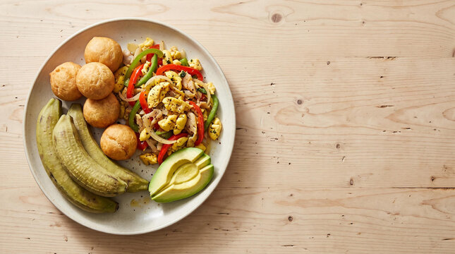 Jamaican ackee and saltfish with peppers, fried dumplings, green bananas and avocado, top view with copy space