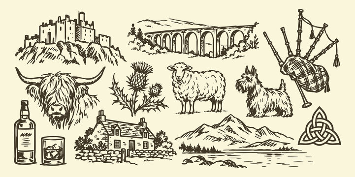 Scotland Travel and Culture Hand Drawn Vintage Sketch Set with Highland Cow and Bagpipes