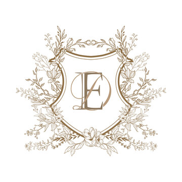 Elegant wedding monogram crest logo template with a custom botanical wreath frame and initial letters for invitations