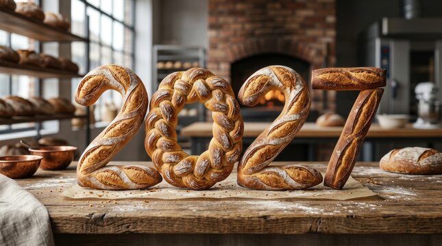 Golden-brown artisan loaves shaped into 2027 create a festive New Year display on a bakery counter