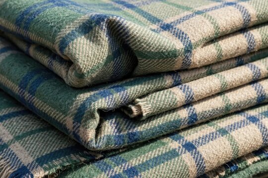 Close-up of Folded Tartan Fabric with Green and Blue Plaid Pattern.
