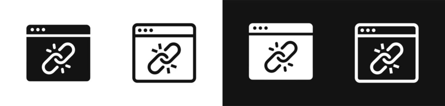 Broken link website icon set with connection error and glitch symbols