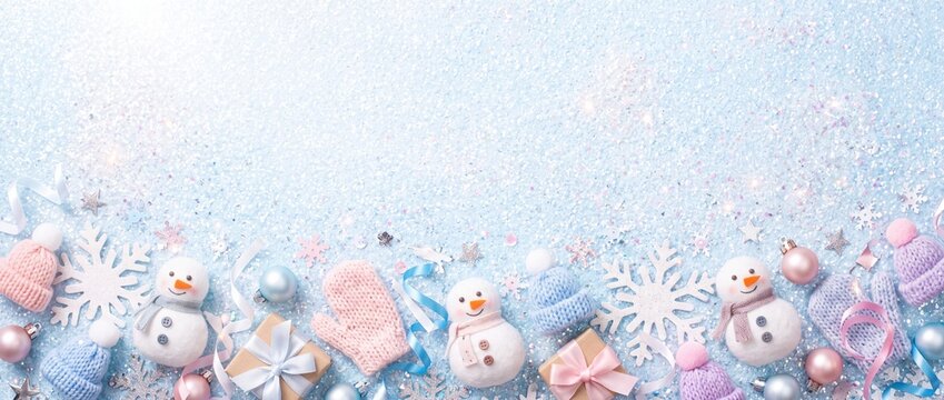 Light blue frosty glitter background with cute toy snowmen, knitted mittens, and snowflakes