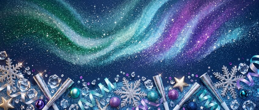 Dark blue background with glowing northern lights aurora effect, snowflakes, and ice crystals