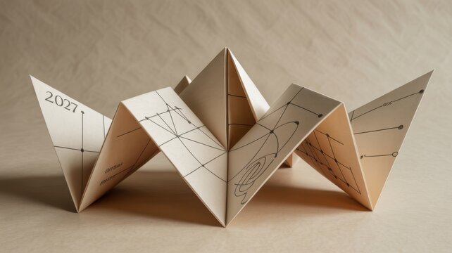 Folded paper art with geometric lines and year 2027