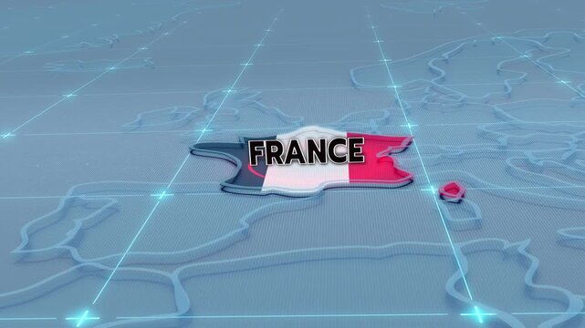 A 3D political map of Europe highlighting France in its national flag colors, france flag, france map, 