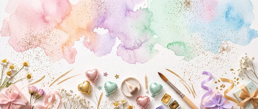 Artistic festive background with colorful pastel watercolor splashes, paintbrushes, flowers, heart balloons, gifts, and cake on a textured white paper backdrop