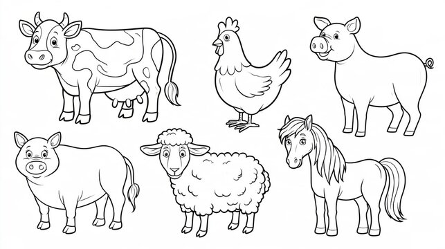 Farm animal coloring page with cow, chicken, pigs, sheep, and horse in black line art