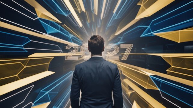 Businessman standing in a digital tunnel of light