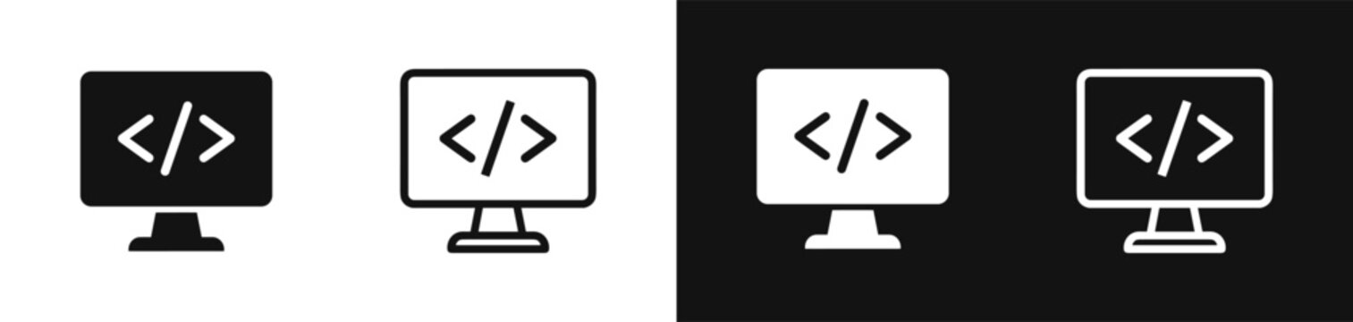 Coding and development icon set with computer monitor and tag symbols