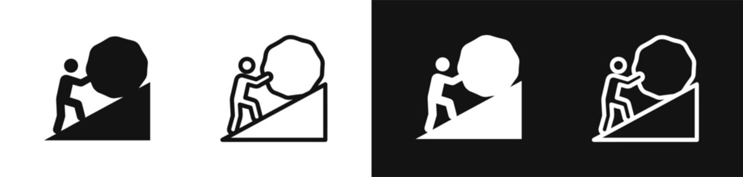 Man pushing heavy boulder rock up hill vector icon set