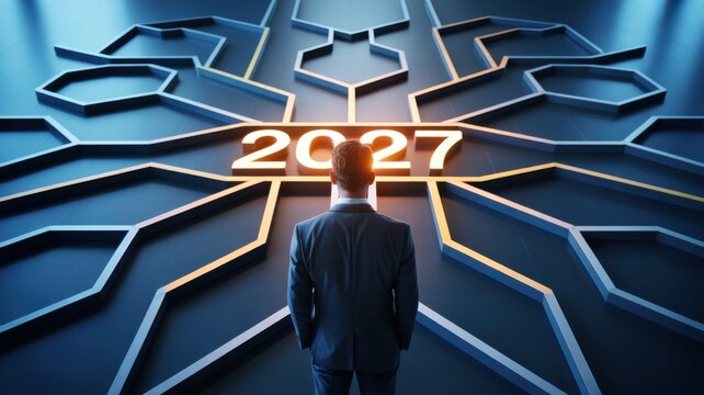 Businessman looking at 2027 year on a futuristic blue maze
