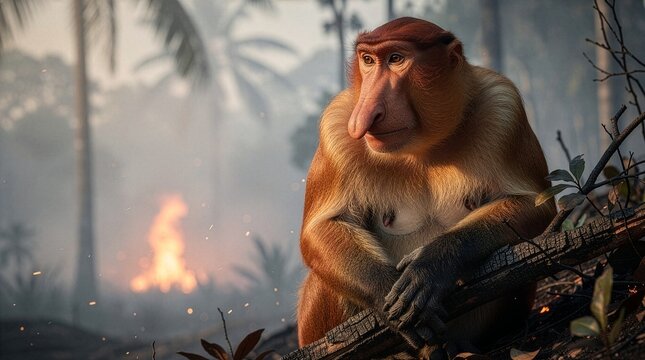 A male proboscis monkey sits behind a charred fallen branch, looking sideways while a forest fire burns with heavy smoke and bright flames in the blurry background