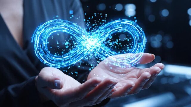A conceptual representation of infinity displayed between outstretched hands, symbolizing endless possibilities, technology, and the realm of digital innovation.