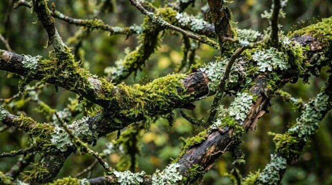 Ancient gnarled tree branches covered in vibrant green moss and pale lichen in a dense temperate rainforest