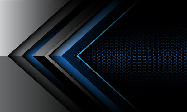 Abstract blue grey metallic arrow direction geometric on hexagon mesh design modern futuristic technology creative background vector