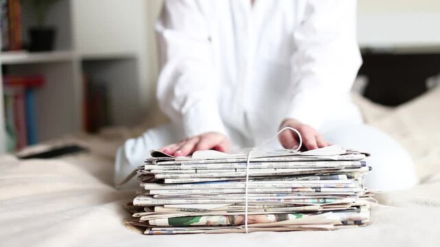 Person tying old newspaper stack with string for recycling