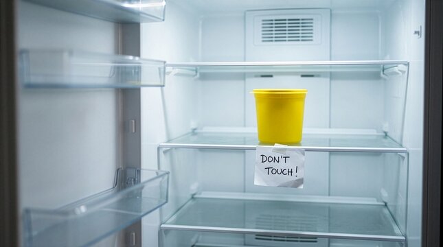 A single yellow plastic tub sits on a glass shelf inside an open empty refrigerator with a handwritten white note that reads don't touch attached below it with tape