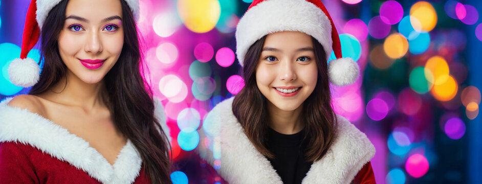 two young adult women in red santa hats and red santa costumes with white fur trim smiling side by side before colorful neon pink blue purple and green bokeh lights
