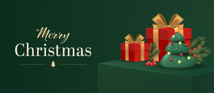 Merry Christmas Greeting Card with Festive Tree and Gift Boxes on Dark Green Background Editable Vector Illustration