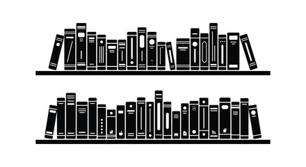 Black silhouette of two bookshelves filled with books against a white background © MdNirob