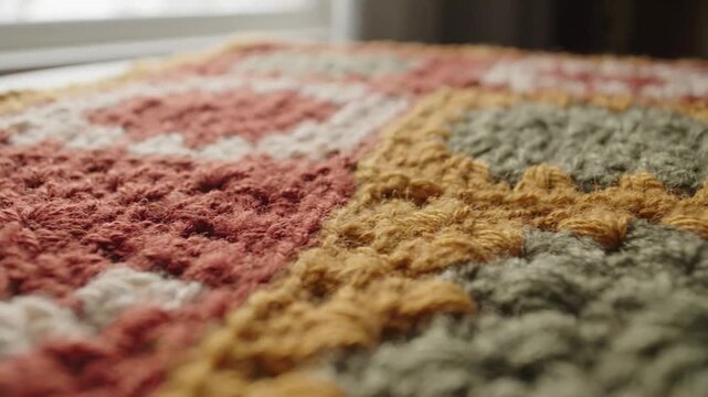 Close-up of a textured woven rug with geometric patterns in muted earthy tones providing a cozy and rustic home decor element