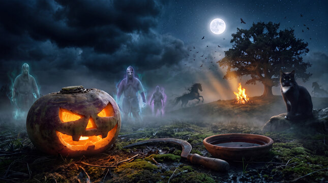 Mystical Samhain ritual with an old sickle a carved glowing turnip fairy cat Cat Sith and mythical Puca horses near a sacred bonfire
