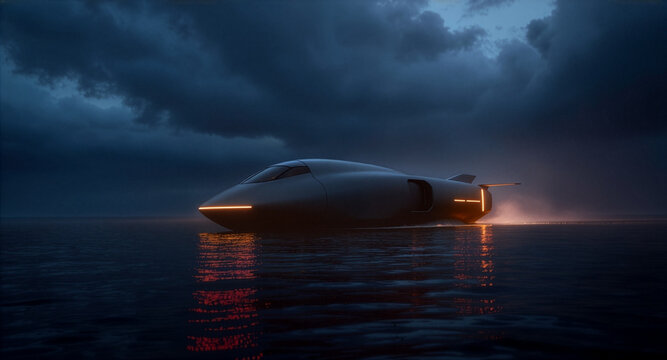 A futuristic aerodynamic yacht cruises on calm ocean water at dusk under a dramatic cloudy sky, with glowing orange LED lights reflecting beautifully on the sea surface
