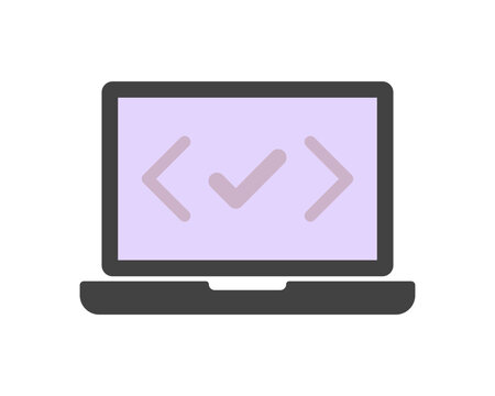 Laptop computer screen displaying code brackets with check mark vector icon