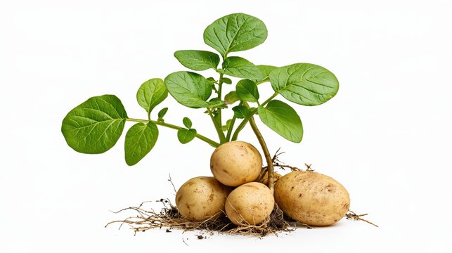 Whole potato plant with green leaves, exposed roots, and harvested tubers on white