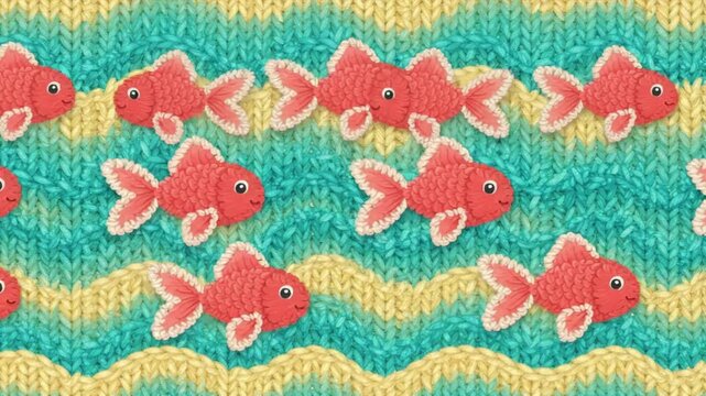 Seamless pattern of cute red goldfish on a textured knitted background whimsical aquatic illustration for childrens textiles and decor