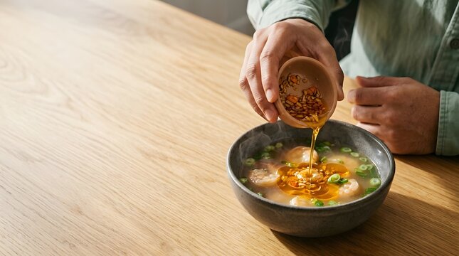 Person pouring aromatic garlic oil and fried shallots into hot fish ball soup