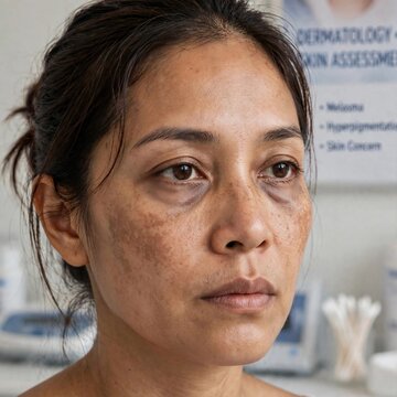 Asian woman with melasma freckles and dark circles under eyes skin pigmentation