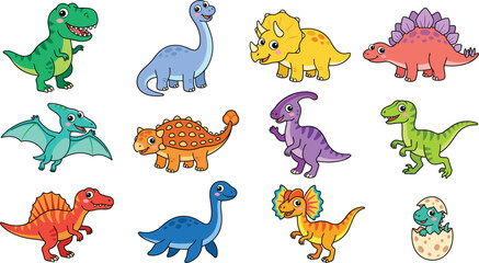 Vector cartoon dinosaur collection featuring colorful baby t-rex stegosaurus triceratops pterodactyl and hatching egg characters isolated on white © MstNasrin